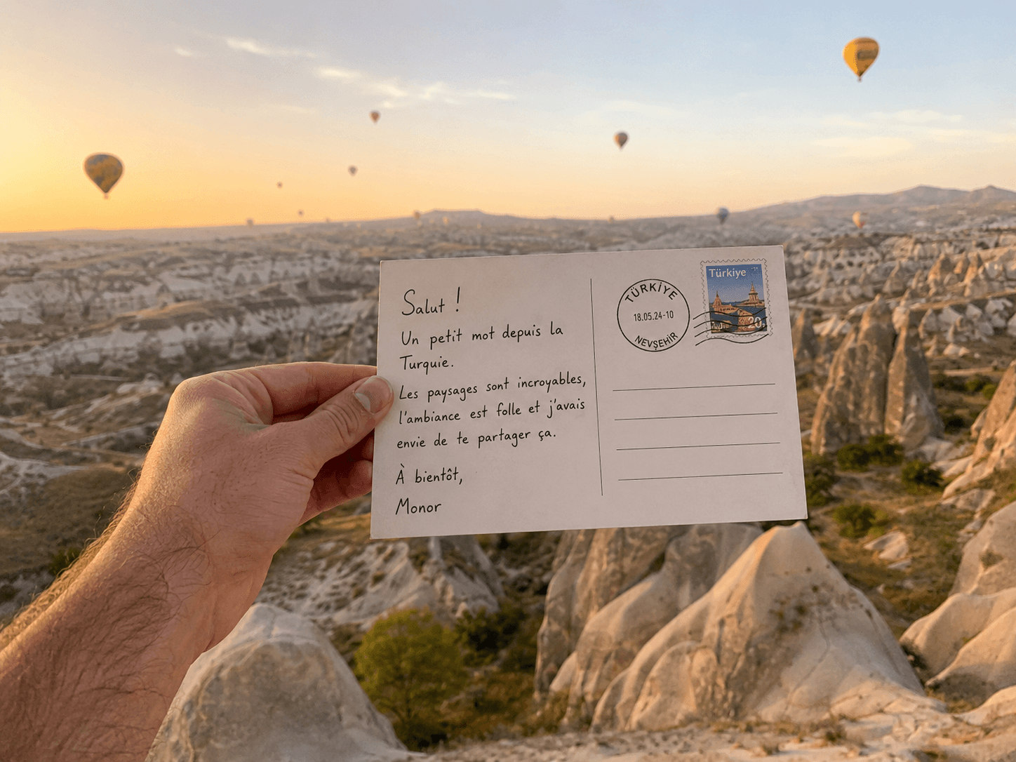Une carte postale tenue devant les paysages de Cappadoce, en Turquie